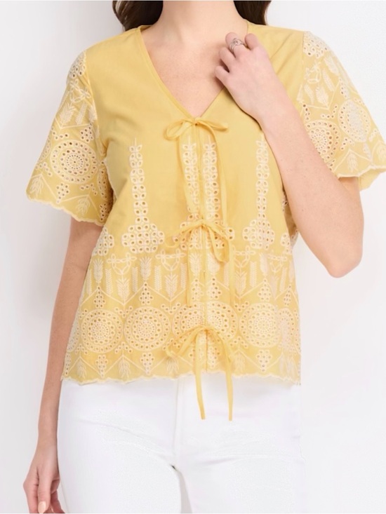 Design History Tops - Yellow Embroidered Tie-Front Women's Top